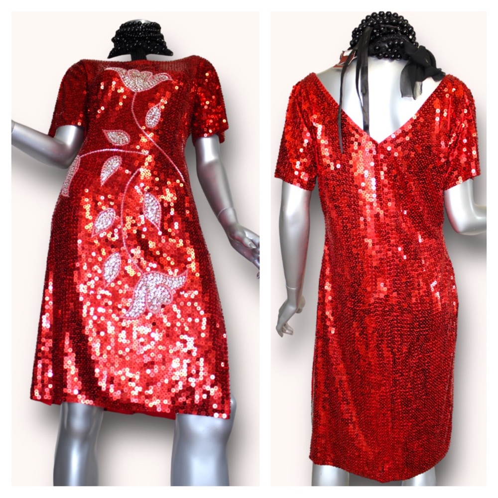 Red Vintage Floral Handmade Sequin Dress